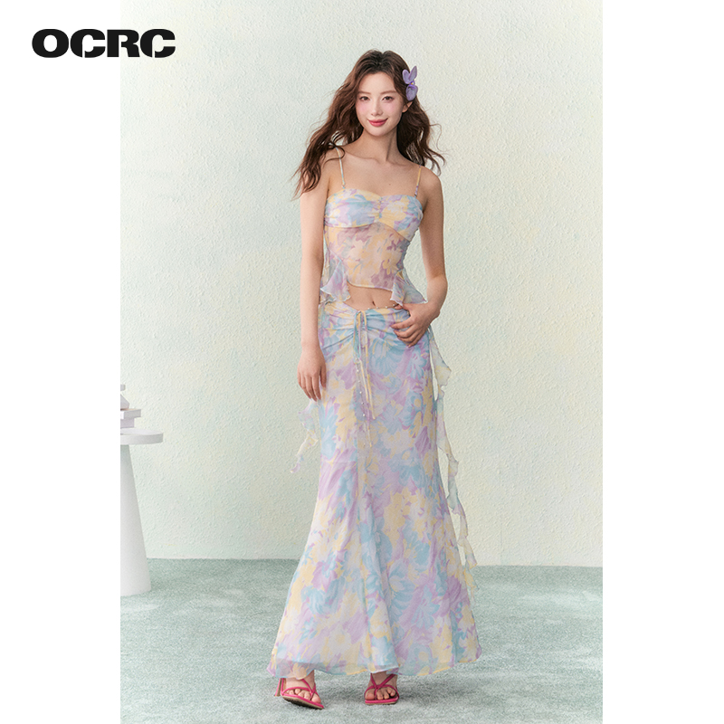 OCRC Official梦幻碎花雪纺两穿吊带度假风抽褶仙女长半裙套装-图3