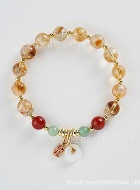 原创蛇年本命年黄水晶手链 寺庙爆款系列五路财神虎眼石手串