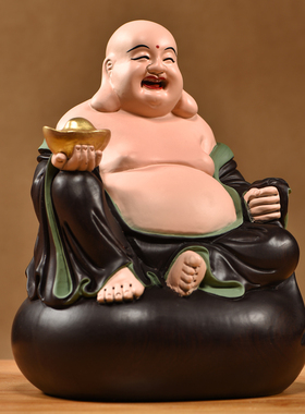 黑檀木雕弥勒佛彩绘实木