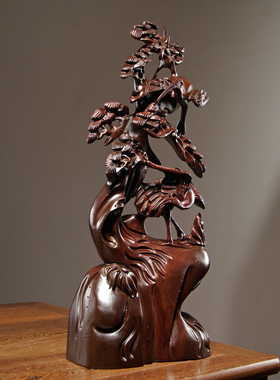 黑檀木松鹤延年根雕摆件红木雕刻工艺礼品摆饰家居客厅装饰生日贺