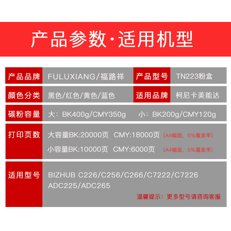 适用柯尼卡美能达粉盒C226 C266 C256碳粉 柯美Bizhub C7222 c7226墨粉 震旦ADC225 C265彩色ADT225墨盒TN223 - 图1