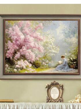 复古油画花园风景装饰画卧室墙壁客厅斗柜摆挂画欧式小众艺术壁画