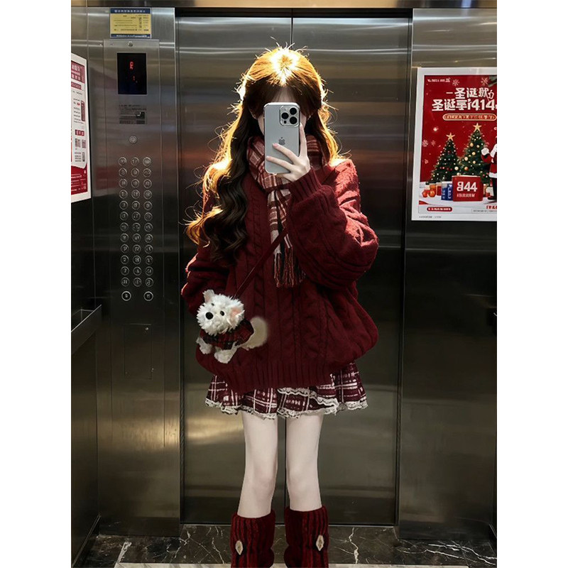 圣诞氛围感红色麻花毛衣格纹吊带蛋糕裙套装女冬季新款穿搭两件套,淘宝优惠券,粉丝福利购,淘宝优惠卷