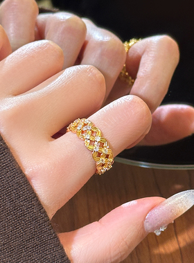 金色锆石花丝钱币开口戒指高级感