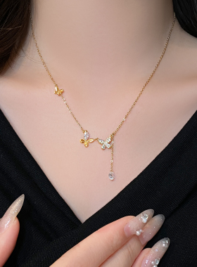 金色满钻蝴蝶吊坠项链轻奢小众