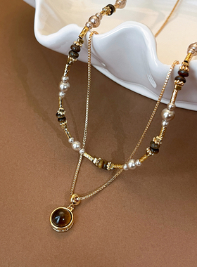 双层叠戴圆形虎眼石珍珠吊坠项链