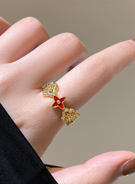 金色微镶四叶草开口戒指高级感