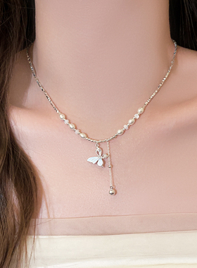 银色碎银子锆石蝴蝶珍珠项链配饰
