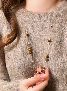金色长款虎眼石串珠项链毛衣链