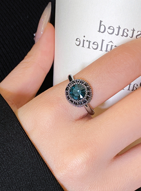 蓝色圆形水晶微镶戒指小众设计