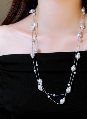 双层叠戴满天星珍珠串珠长项链