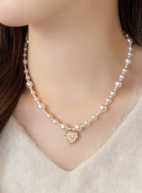 爱心锆石吊坠珍珠串珠项链锁骨链