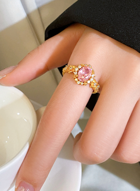 金色花朵椭圆形满钻戒指小众设计