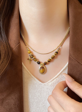 美拉德虎眼石多层串珠吊坠项链