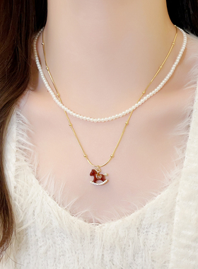 双层叠戴珍珠串珠红色小马项链