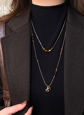 双层叠戴金色小马吊坠虎眼石项链