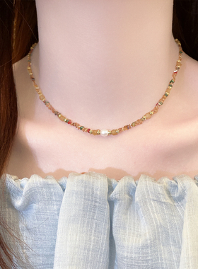 彩色珍珠串珠项链锁骨链高级感