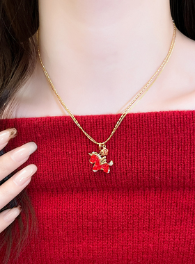 双层叠戴红色锆石小马吊坠项链