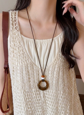 咖色晕染圆环长款吊坠项链度假风