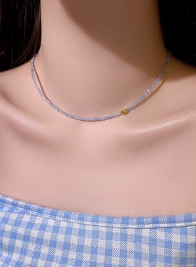 蓝色水晶串珠项链锁骨链高级感