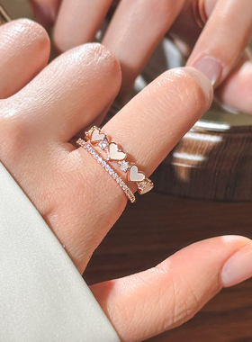 双层锆石爱心开口戒指轻奢高级感