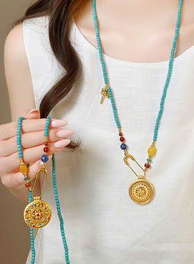 金色罗盘绿石串珠项链小众精致