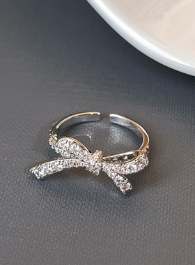 银色蝴蝶结微镶开口戒指高级感