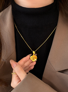 金色玫瑰花吊坠项链高级感毛衣链