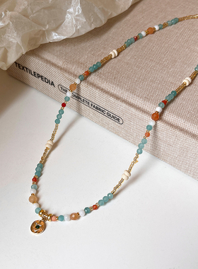 彩色拼接圆珠吊坠项链高级感轻奢