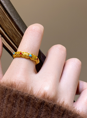 复古沙金镂空花丝戒指轻奢高级感