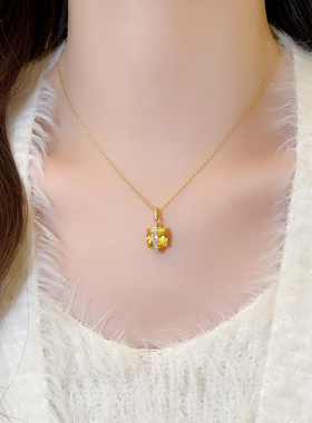 黄色单颗方糖锆石吊坠项链高级感