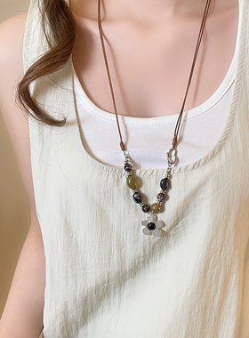 银色花朵吊坠串珠长款毛衣项链