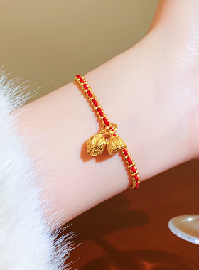 沙金莲蓬红绳编织绳手链轻奢小众