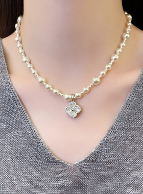 银色满钻四叶草珍珠项链高级感