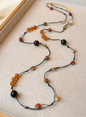 黄色锆石双层叠戴串珠项链高级感