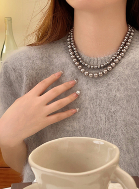 麻灰珍珠项链轻奢毛衣颈链锁骨链