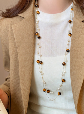 美拉德虎眼石珍珠串珠双层项链