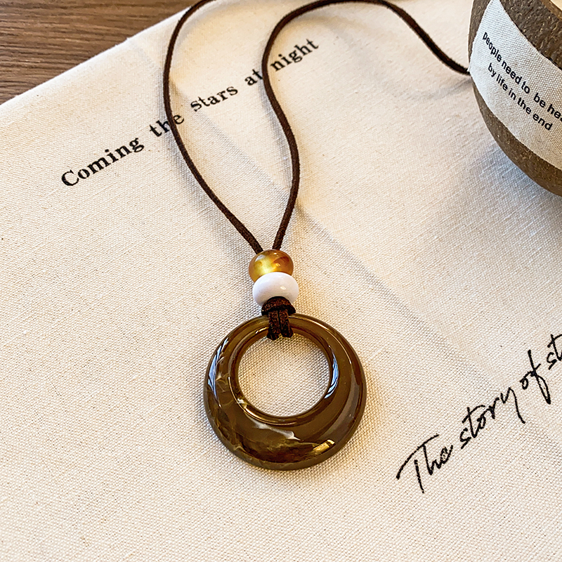 复古长款棕色圆环吊坠项链女毛衣链大气高档高级感秋冬衣服配饰品 - 图2