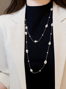 白色双层叠戴珍珠颈链长项链轻奢