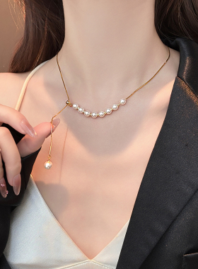 金色珍珠串珠项链可调节大小饰品