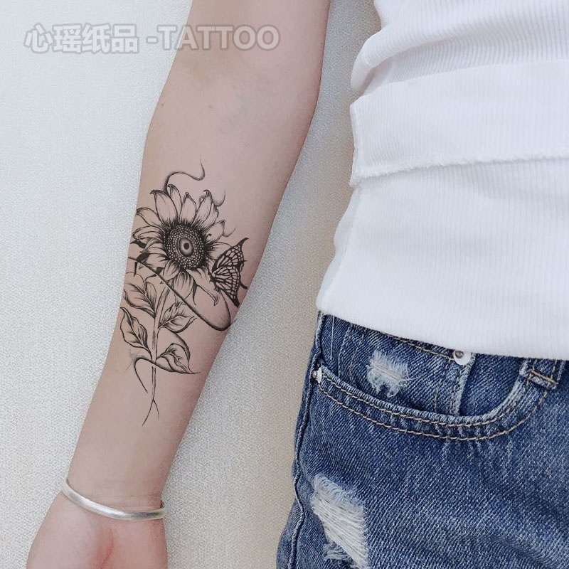 纹身贴防水女大腿手臂遮痕向日葵玫瑰黑色手绘素花大图案文身贴纸-图2
