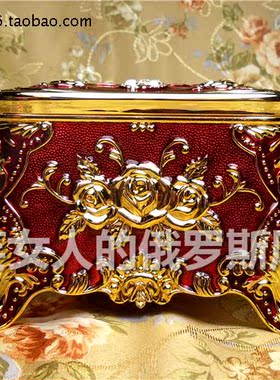 特价俄罗斯K4锡金属抽纸巾盒长方形大号高款金深红色金玫瑰花镶钻