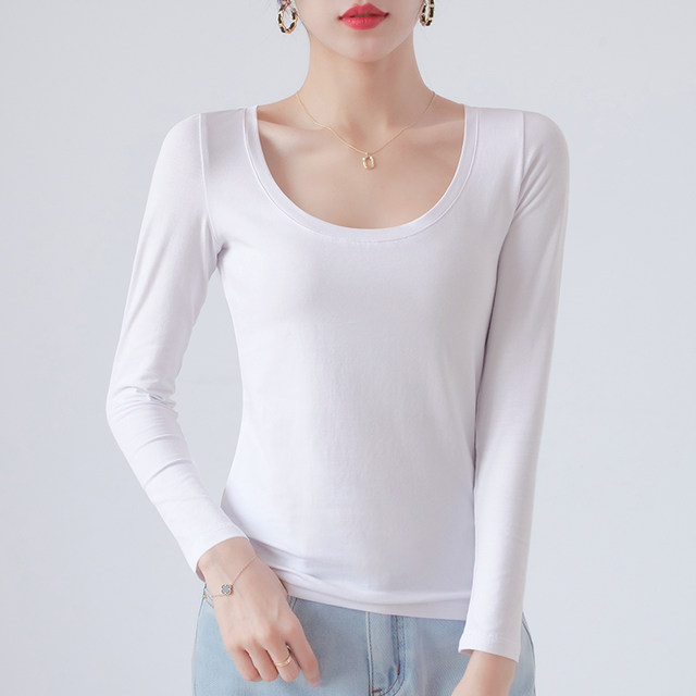 Black undershirt for women with long sleeves, round neck for autumn and winter, paired with tight fitting autumn clothes, top with plush, spring slim fit, pure cotton T-shirt