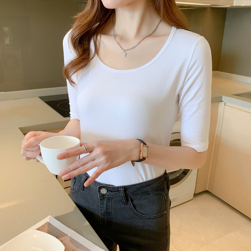 春夏季白色中袖圆领修身打底衫T恤女2026新款半袖内搭五分袖上衣 - 图0