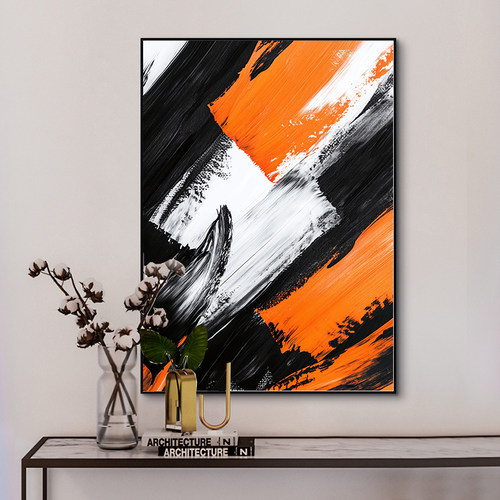 6-06手绘油画立体感抽象黑白橙装饰画玄关背景墙现代客厅餐厅挂画 - 图0
