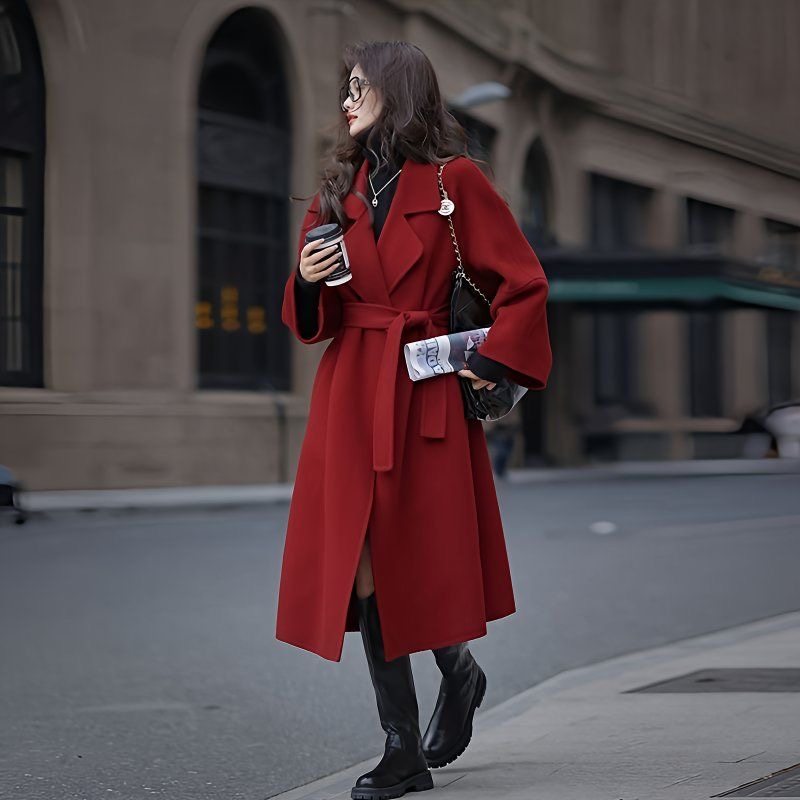 2025冬新款韩版宽松羊毛呢子外套潮中长款红色腰带双面羊绒大衣女,淘宝优惠券,粉丝福利购,淘宝优惠卷