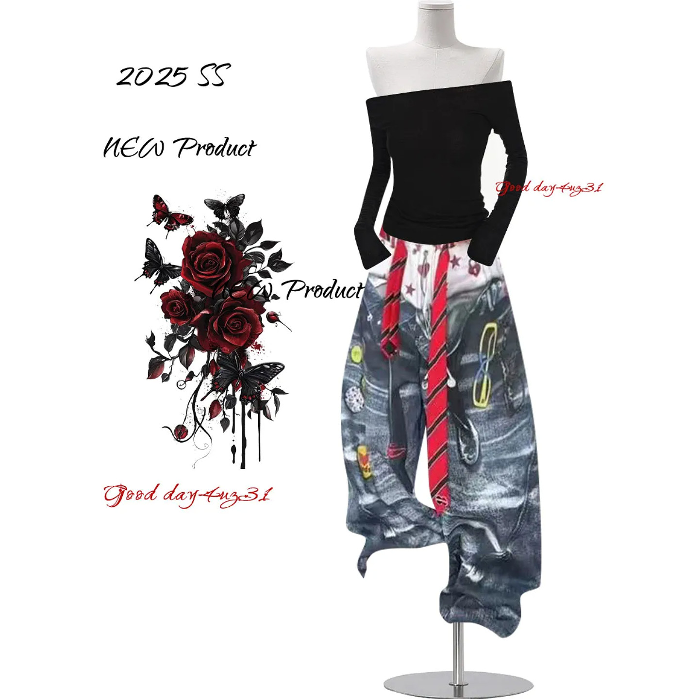 大码美式复古重工印花拼接设计牛仔裤女秋季新款街头宽松阔腿长裤,淘宝优惠券,粉丝福利购,淘宝优惠卷