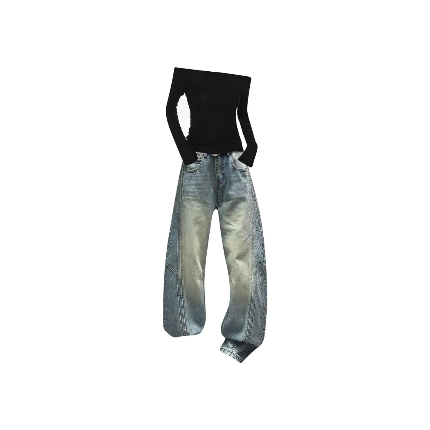大码美式复古水洗阔腿牛仔裤女春季新款街头解构烫钻设计感弯刀裤,淘宝优惠券,粉丝福利购,淘宝优惠卷