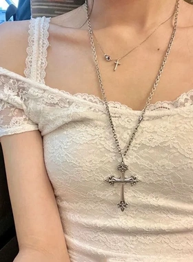 韩国小众设计同款银色十字架女长款花朋克辣妹复古项链颈饰