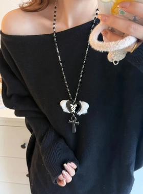甜酷辣妹天使翅膀项链女小众设计芭比粉颈链个性十字架吊坠锁骨链